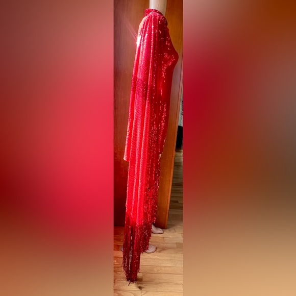 RICHARD DEMETER One Of A Kind Red Sequined Dress With Waterfall Sleeves Size XS - Picture 7 of 14